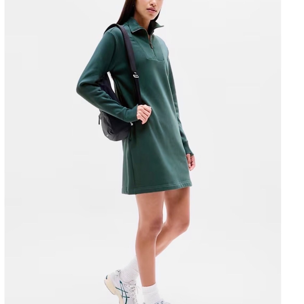Athleta Cozy Karma 1/2 ZIP Pine Green‎ Mock Neck Sweatshirt Dress Women's M